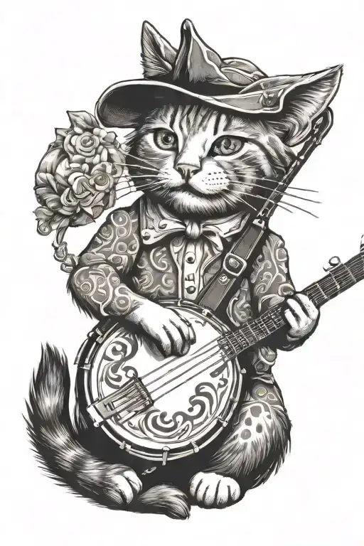 Cat Playing Banjo Wearing Old Colonial Dress