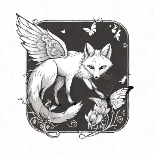 Small Fox With Angel Wings And Butterfly
