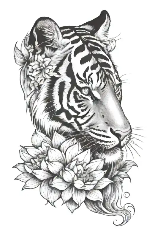 Tiger Head With Lotus Flower Blooming