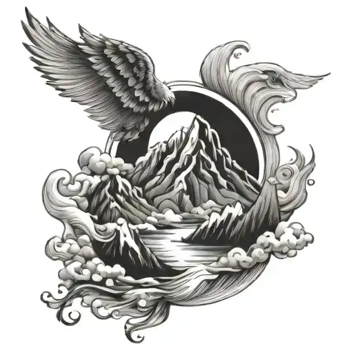 Mountain And Wave And Angel Wing Fine Line