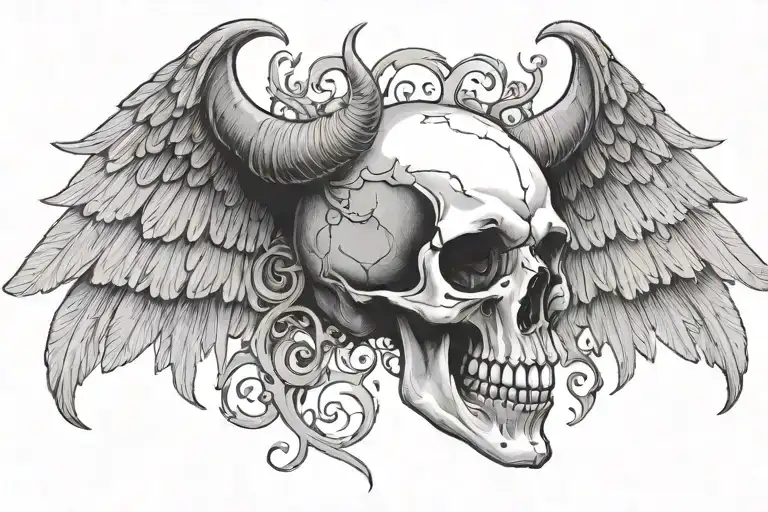 A Skull With Horns And Wings Spread Wide