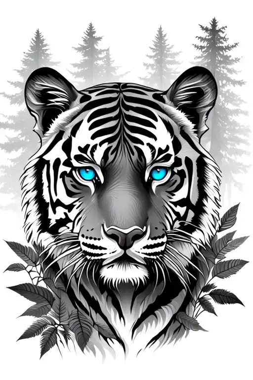 Tiger Face Blue Eyes Surrounded By Forest Scene