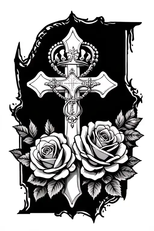 Catholic Cross With Crown Surrounded By Roses