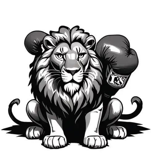 Lion Tattoo Sitting With Between Its Legs A Pair Of Boxing Gloves