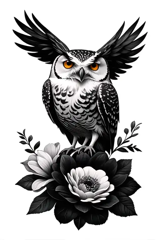 Two Unrealistic Snowy Owl Heads Embracing And Surrounded By Large Flowers