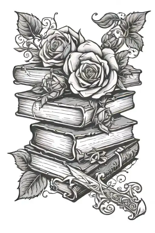 Stack Of Books W Dagger Piercing And Vines W A Rose