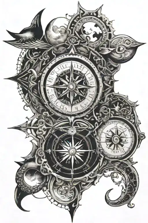 Ocean And Moon Phases Intertwined With Compass