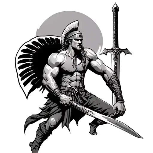 Spartan On The Forearm With Big Muscles And A Sword With The Colonist Behind
