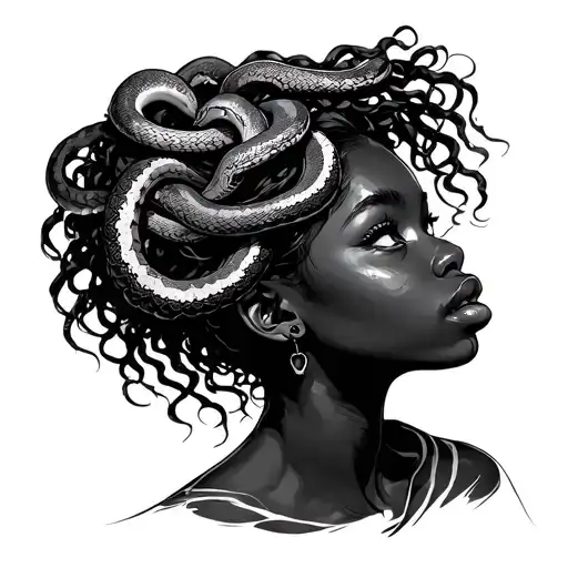 Black Girl With Snakes As Hair Looking Up To The Left