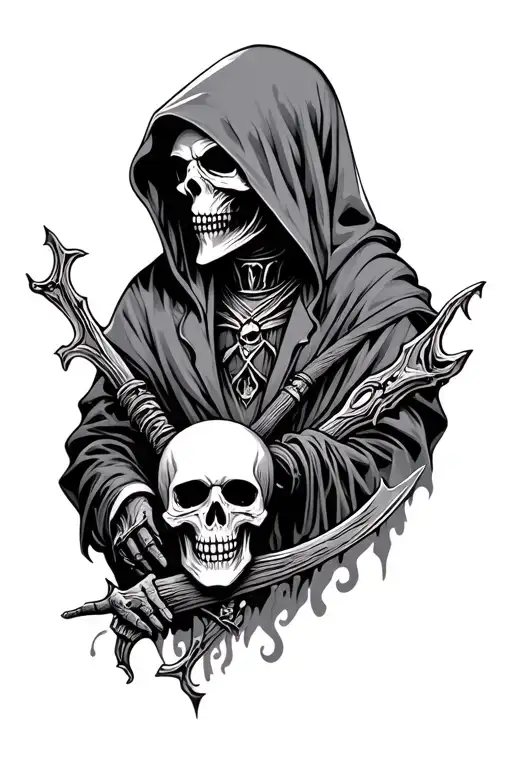 Hooded Grim Reaper And Skull