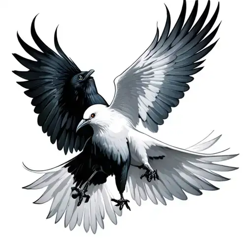 White Dove In A Fight With A Black Crow While Flying