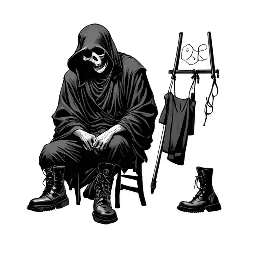 Grim Reaper Half Dressed Putting Boots On Getting Ready For Work