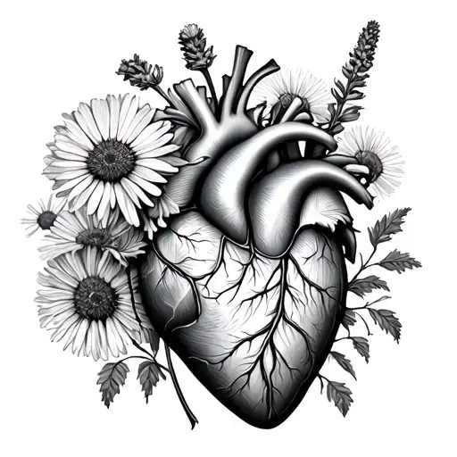 Anatomical Heart With Flowers Growing Lavender Daisy Dandelion Rose