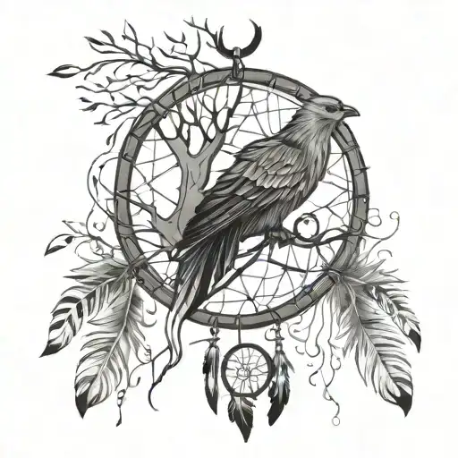 Intertwined Tree And Dream Catcher With Feathers