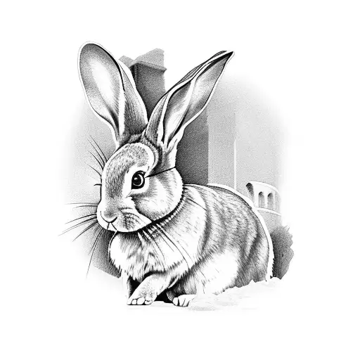 A Black And Grey Tattoo Of A Rabbit Playing A Guitar In Front Of The Colosseum In Rome