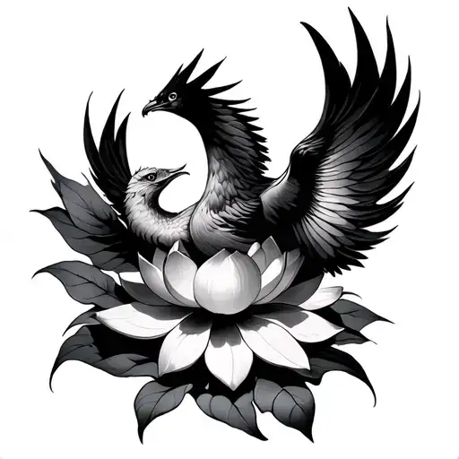 Phoenix Landing On Lotus Flower