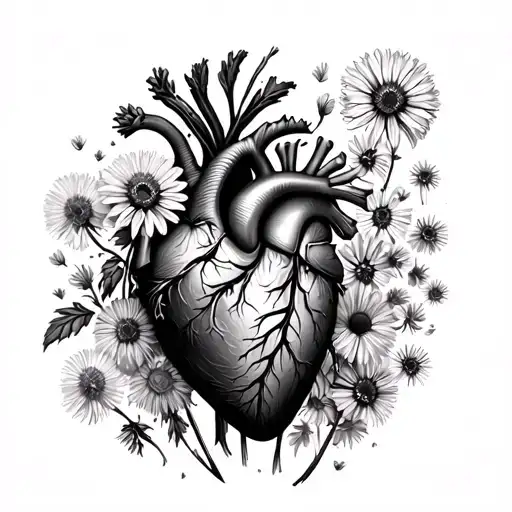 Anatomical Heart With Flowers Growing Lavender Daisy Dandelion Rose