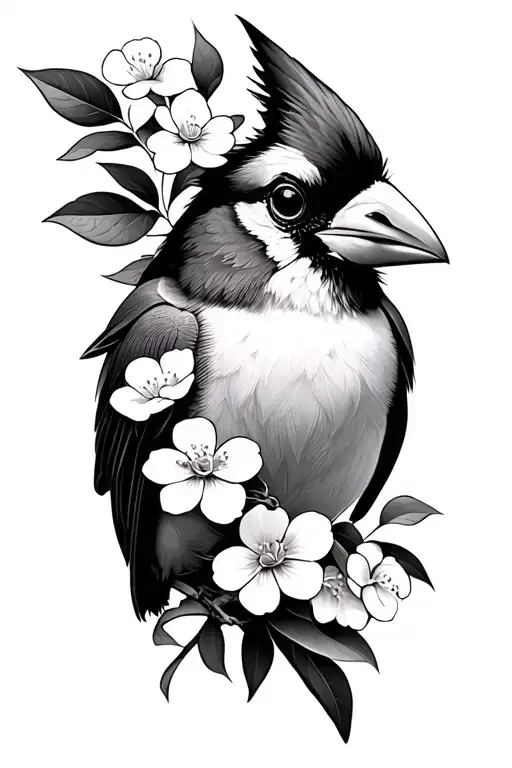 Street Art Style Side Profile Cardinal With White Dogwood Flowers