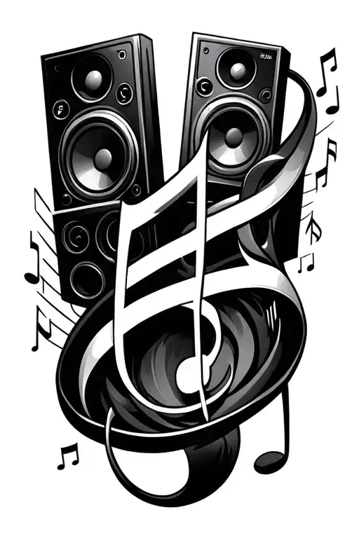 Live Sound System And Music Note Intertwined