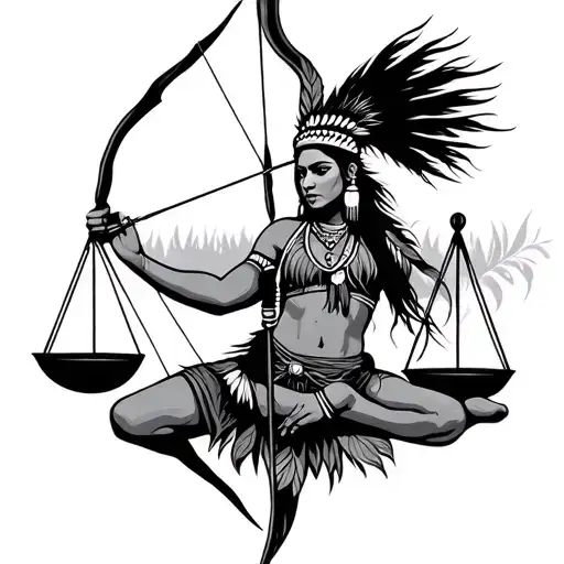 Indigenous Woman Holding Bow And Arrow And Scale Balanced