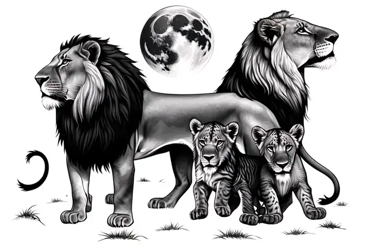 Lion And Lioness With Theee Cubs Full Moon