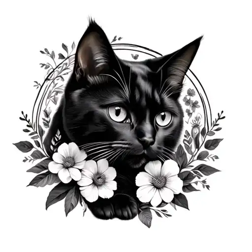 Circle Frame With Black Cat And Detailed Flowers Inside