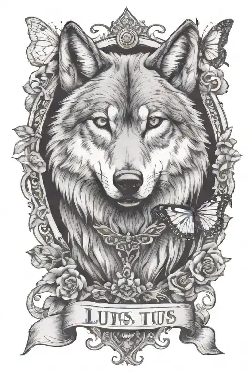 Wolf With Phrase Lupus Intus And Butterfly On Nose
