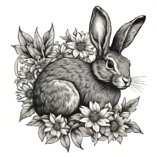 Rabbit And Daisy Flower Fine Line