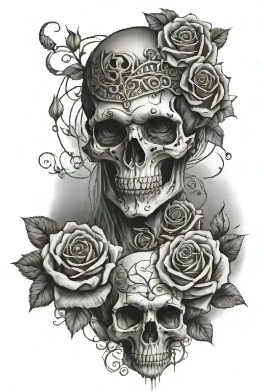 Skull And Roses And Girl Sitting With Him