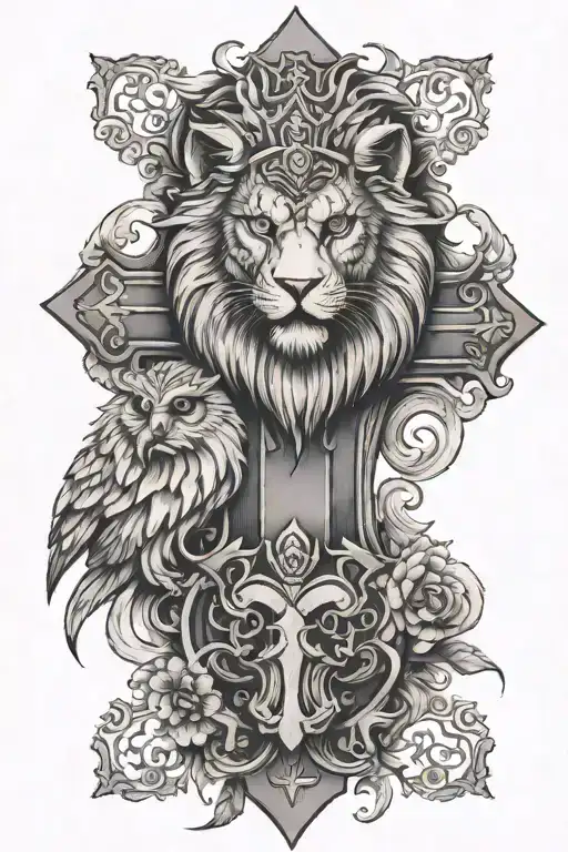 A Cross With A Lion Head On The Right And An Owl On The Left Of The Cross
