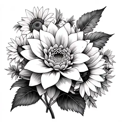 Beautiful Tattoo Dahlia Flower Surrounded By Sunflowers And Lily Flowers