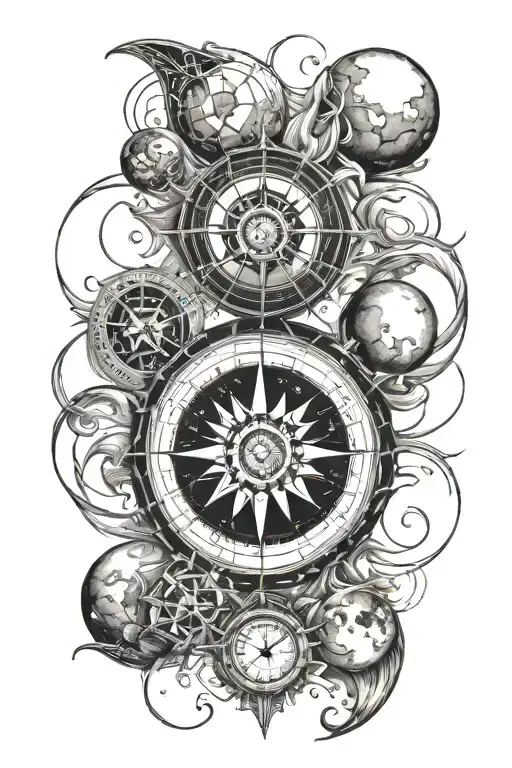 Ocean And Moon Phases Intertwined With Single Compass