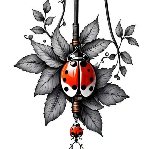 Fishing Pole Intertwined With Leaves And A Ladybug