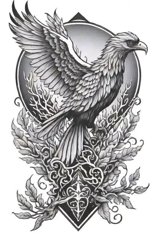 Phoenix Spreading Wings In Diamond Surrounded By Trees