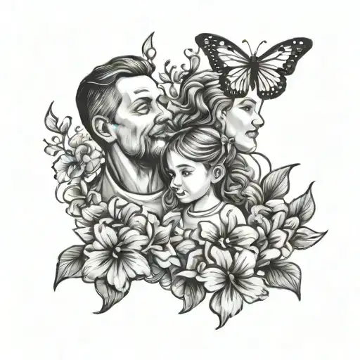 Father And Daughter With Butter Fly With Petunia