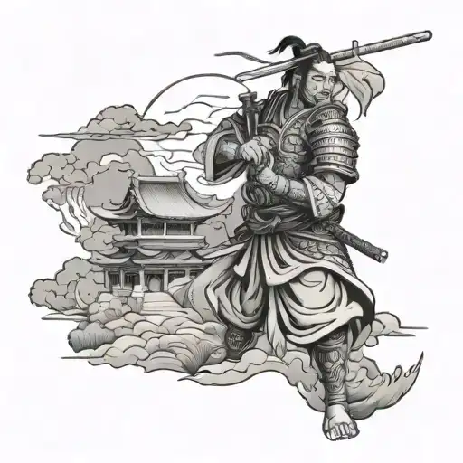 Samurai With Sword And Temples Landscapes And Outer