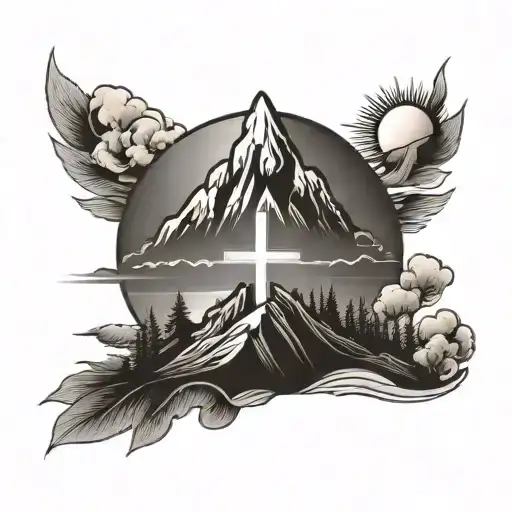 Mountain With A Cross And Sun Setting