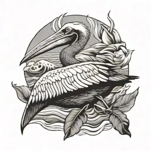Pelican And Turtle With Waves And Gum Leaves