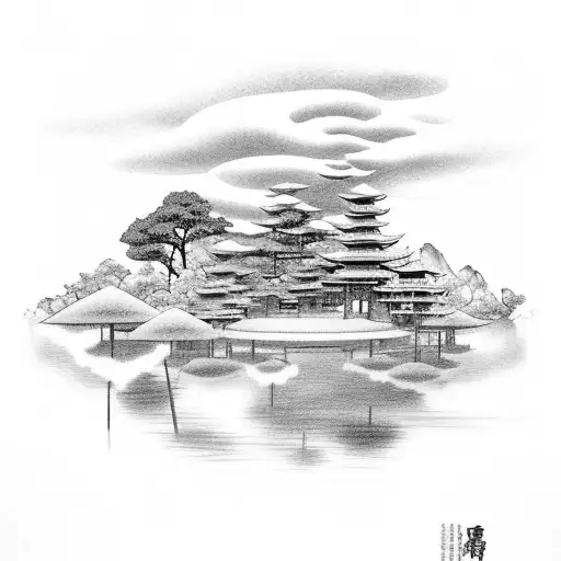 A Serene Landscape Of A Japanese Garden With Water Features And Fluffy Clouds Overhead