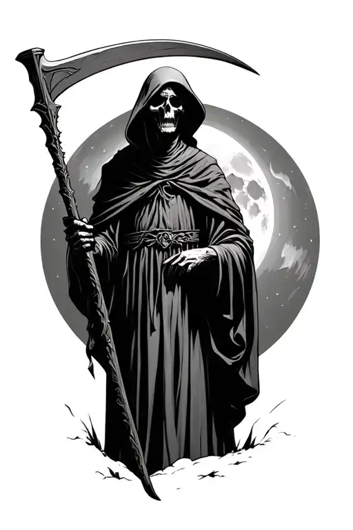Grim Reaper Holding A Scythe Standing In Front Of The Moon