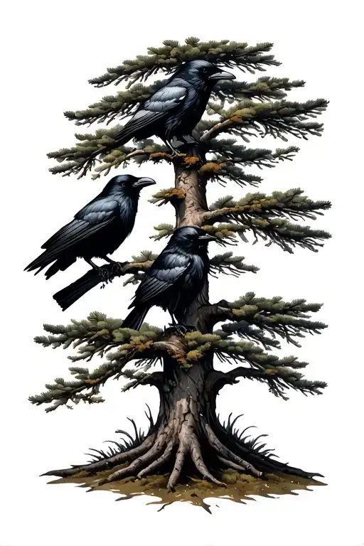 Pine Tree With Ravens Perched