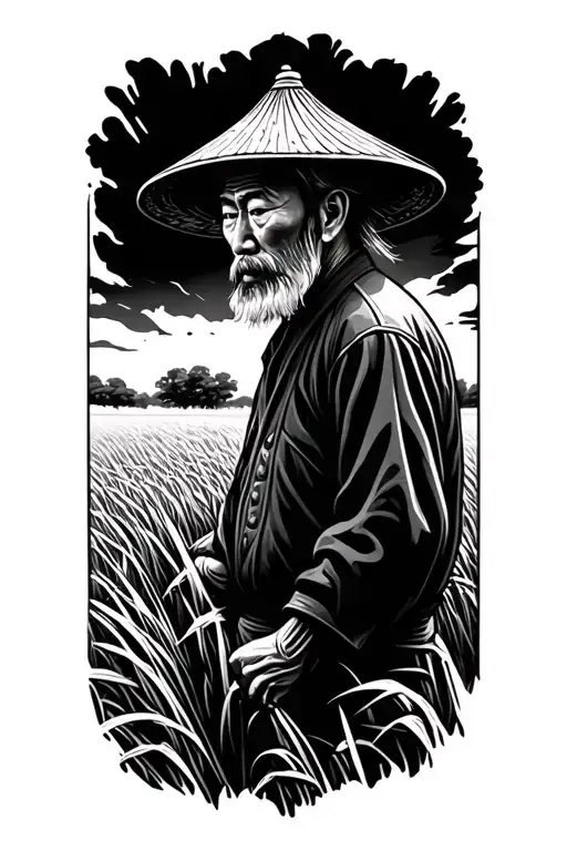 Old Chinese Farmer In A Field Facing Away