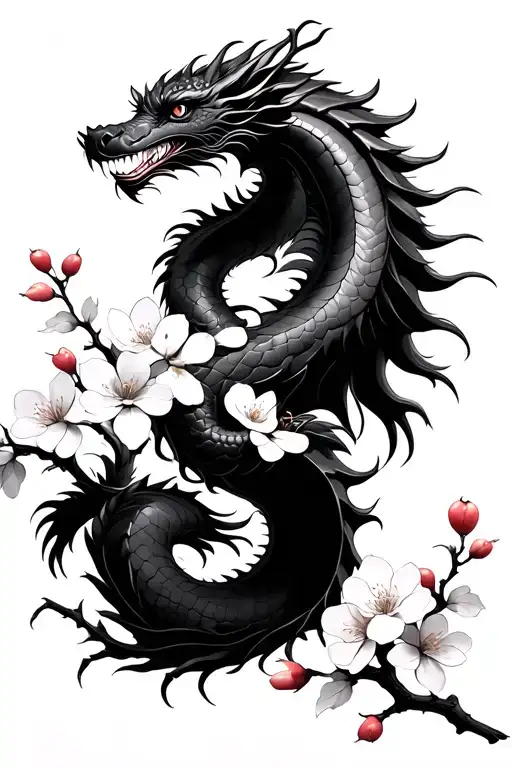 Calm Japanese Dragon Curled Around A Cherry Blossom Branch