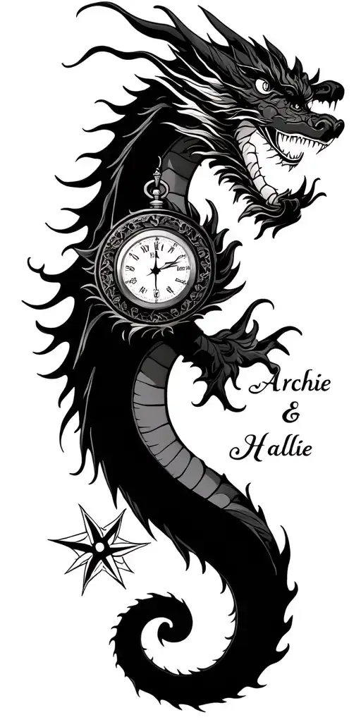 Japanese Dragon Intertwined With Compass And Pocket Watches With Names Archie & Hallie