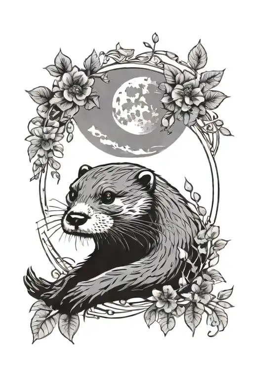 An Otter With A Moon And Climbing Plants In A Bohemian Style