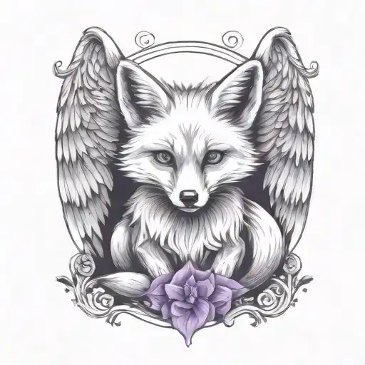 Small Fox Sitting With Angel Wings Wrapped Evenly With Purple Butterfly