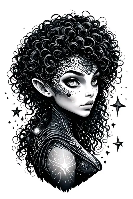 Alien Woman With Curly Hair Surrounded By Stars