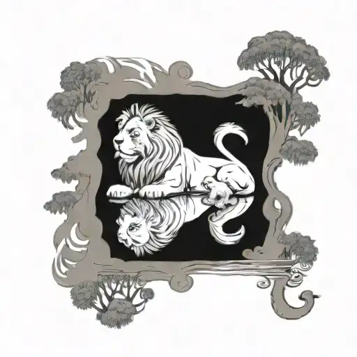 Lion With Cub Reflection Lake Scene