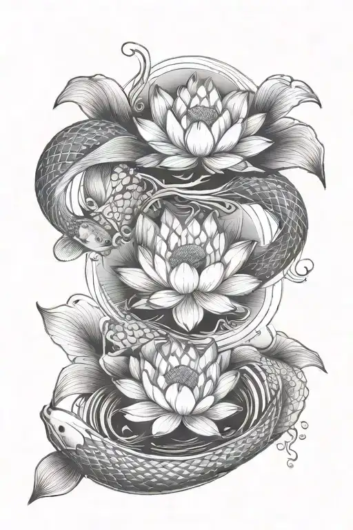 Lotus In The Middle Of Two Koi Fish