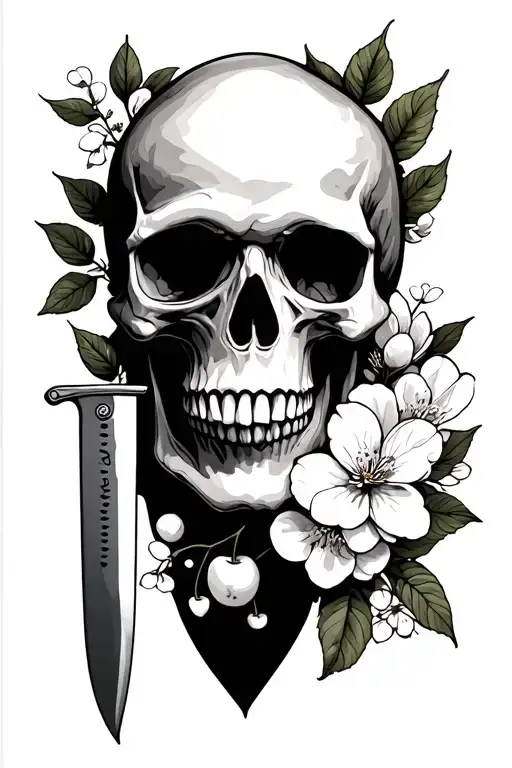 Skull With Knife And Cherry Blossoms